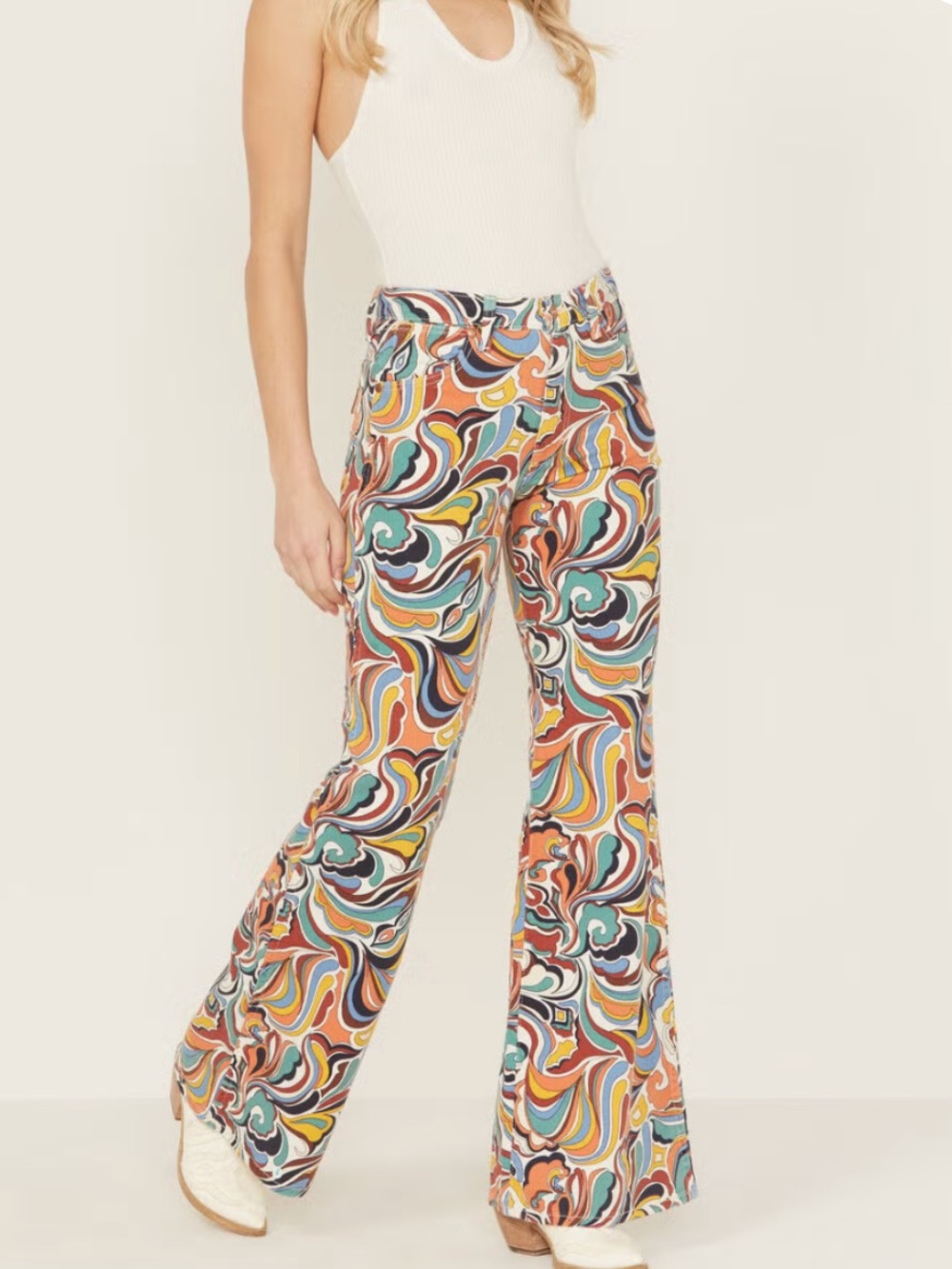 Wrangler Denim Print Jeans Stretch 27 High Waist Psychedelic Flare Pattern